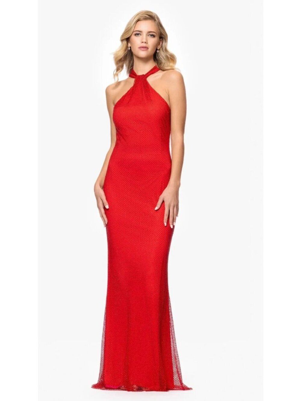 Betsy & Adam Women's Stone Mesh Halter Neck Red Dress Size 8
